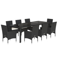 9-tlg. Garten-Essgruppe mit Kissen Schwarz Poly Rattan und Glas