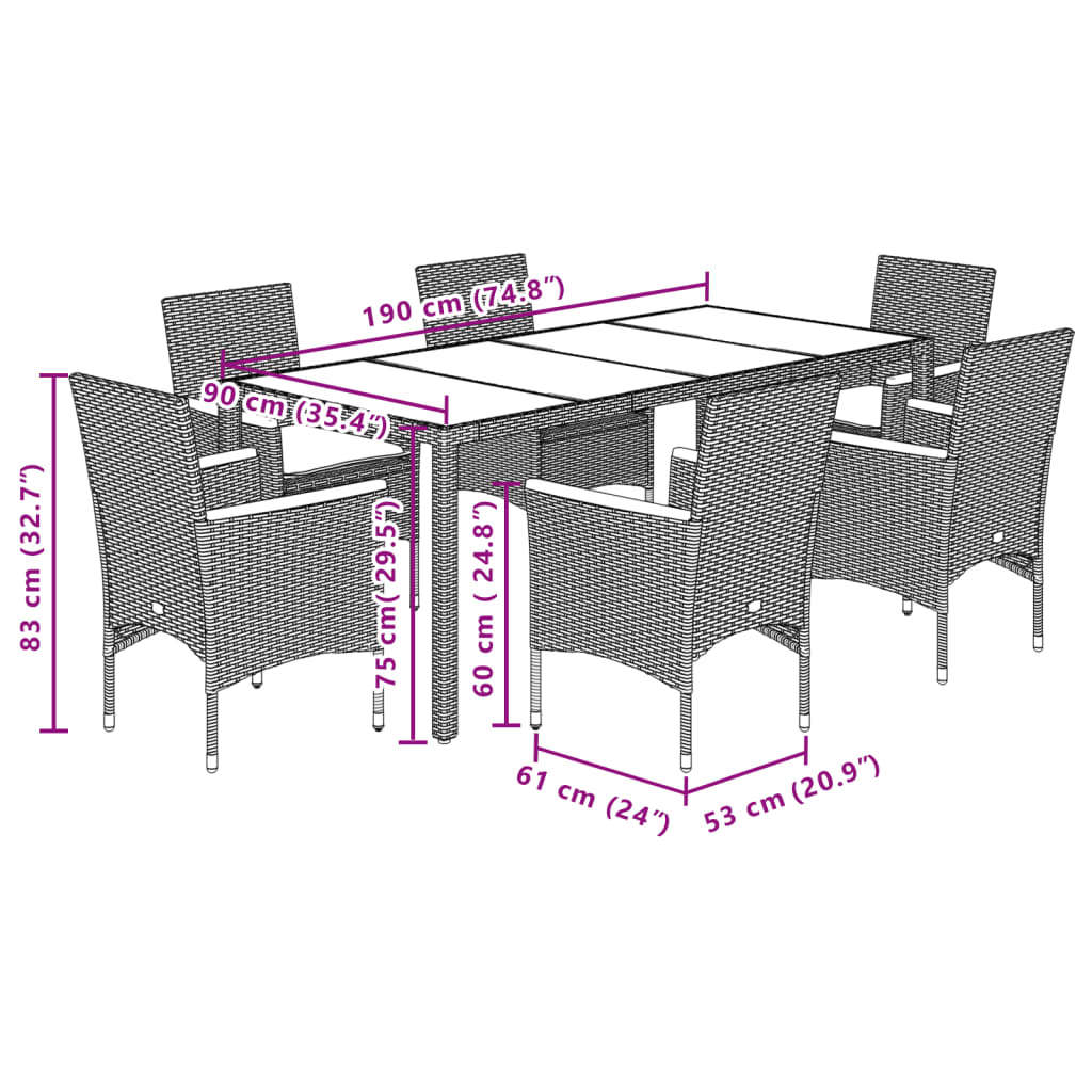 7-tlg. Garten-Essgruppe mit Kissen Grau Poly Rattan und Glas