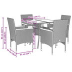 5-tlg. Garten-Essgruppe mit Kissen Grau Poly Rattan und Glas