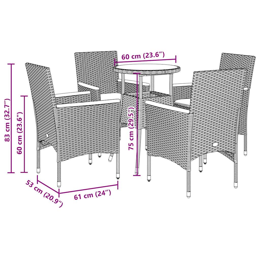5-tlg. Garten-Essgruppe mit Kissen Grau Poly Rattan Akazie