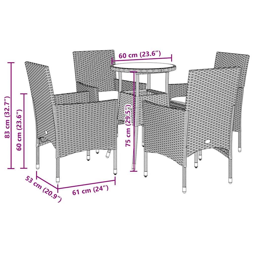 5-tlg. Garten-Essgruppe mit Kissen Grau Poly Rattan Akazie
