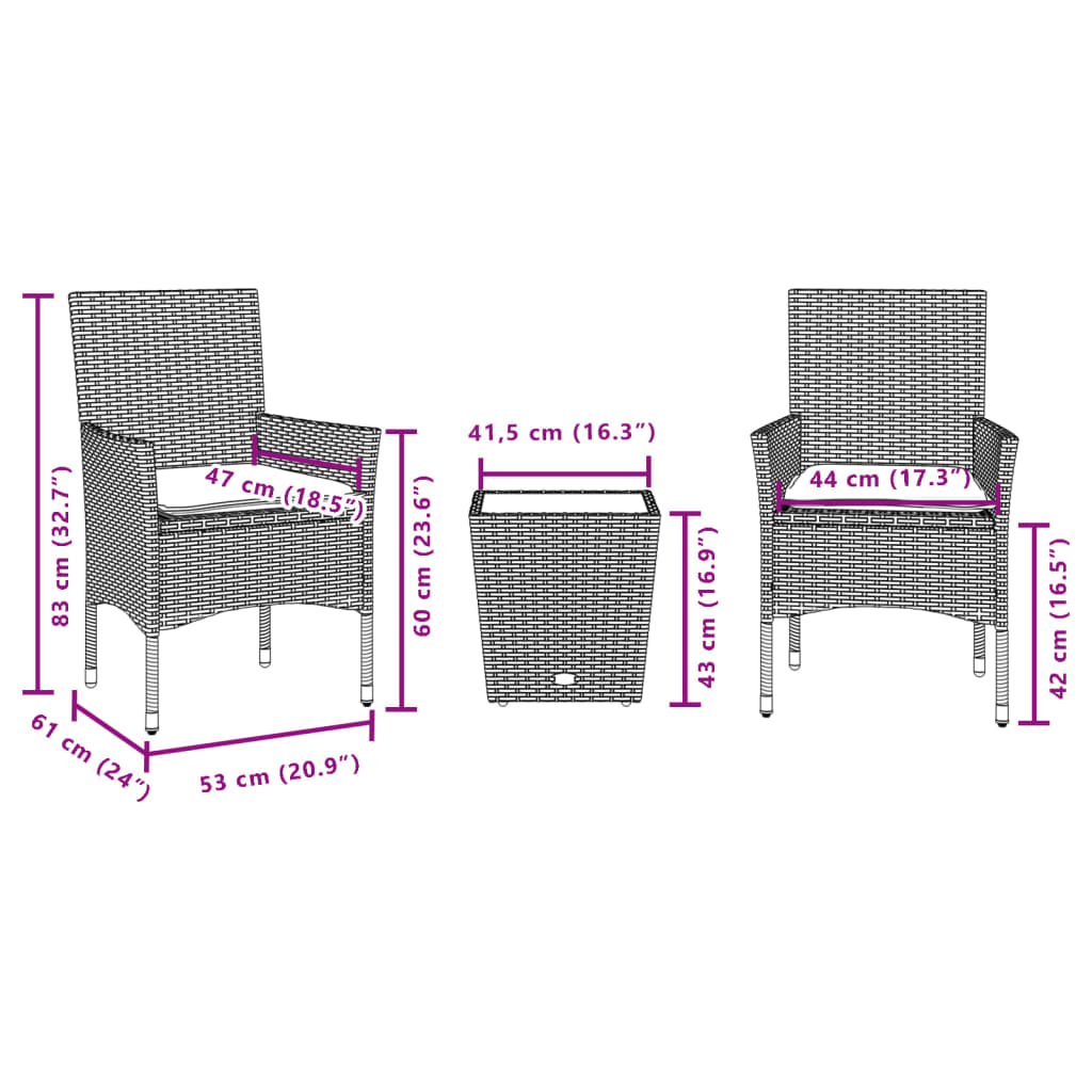 3-tlg. Bistro-Set mit Kissen Braun Poly Rattan und Glas