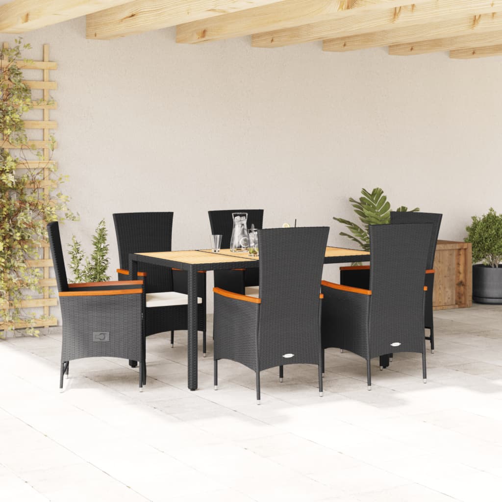 7-tlg. Garten-Essgruppe mit Kissen Schwarz Poly Rattan