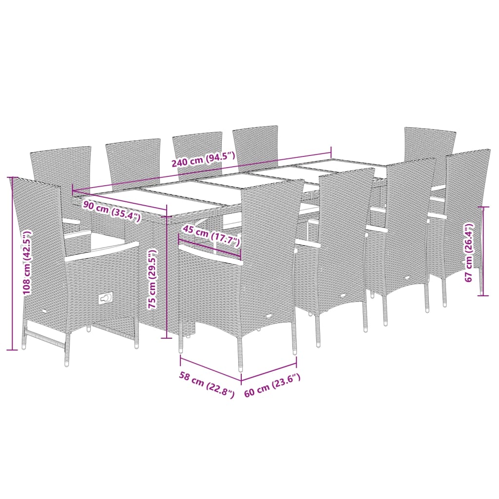 11-tlg. Garten-Essgruppe mit Kissen Schwarz Poly Rattan