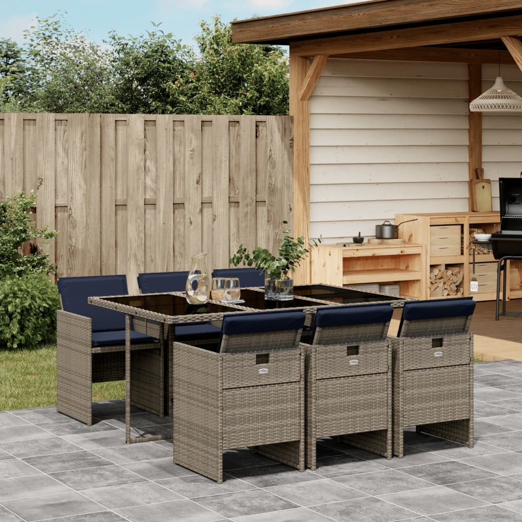 7-teiliges Garten-Ess-Set mit Kissen, grau, Polyrattan