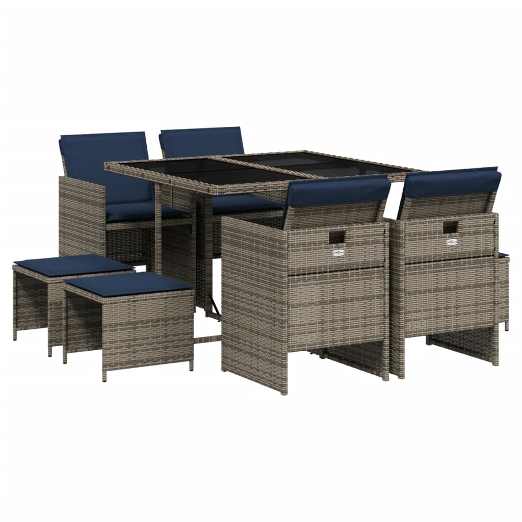 9-teiliges Garten-Ess-Set mit Kissen, grau, Polyrattan
