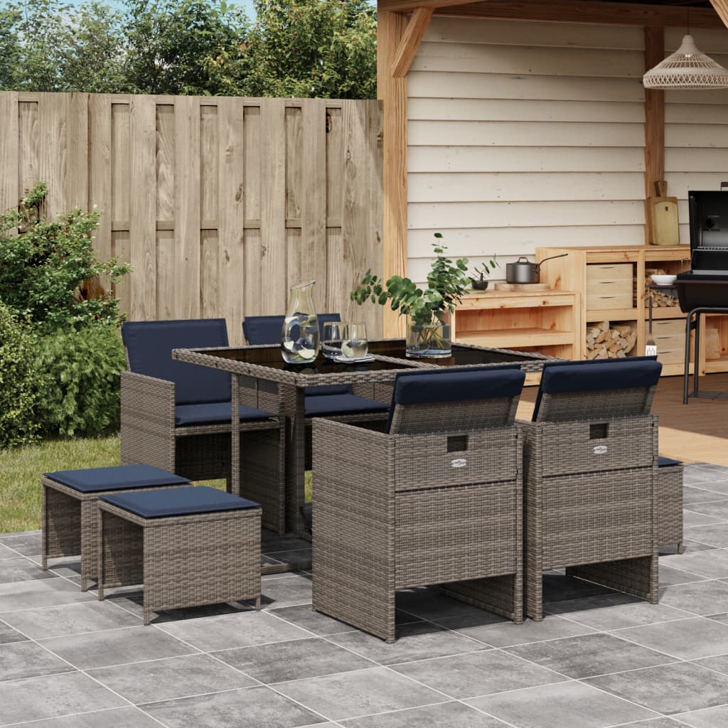 9-teiliges Garten-Ess-Set mit Kissen, grau, Polyrattan