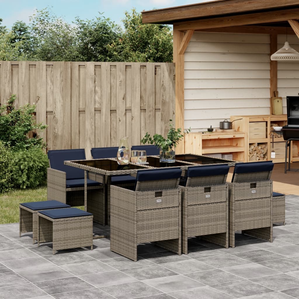 11-teiliges Garten-Ess-Set mit Kissen, grau, Polyrattan