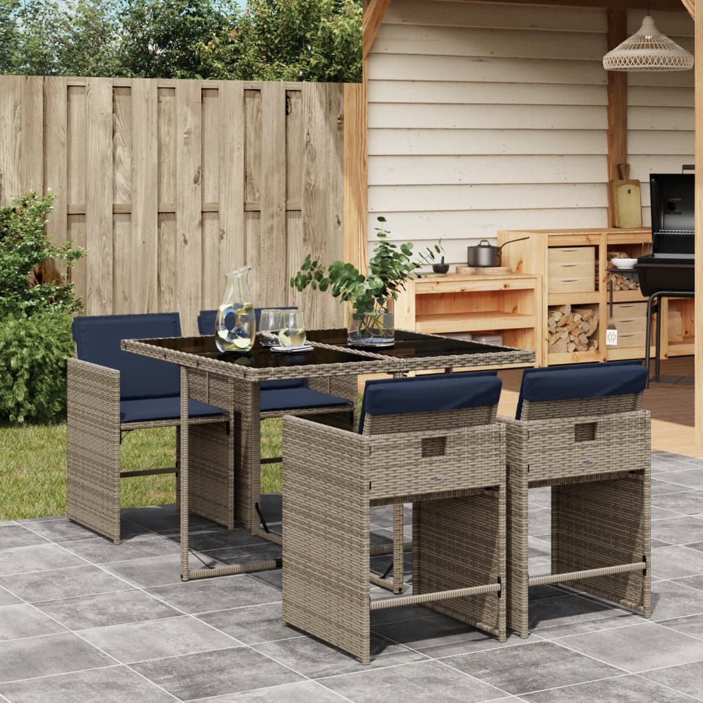5-teiliges Garten-Ess-Set mit Kissen, grau, Polyrattan