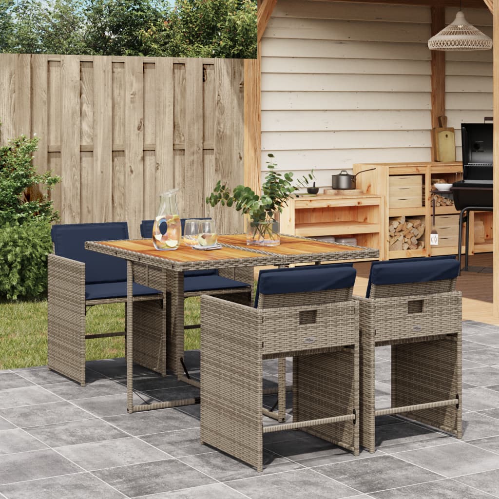 5-teiliges Garten-Ess-Set mit Kissen, grau, Polyrattan