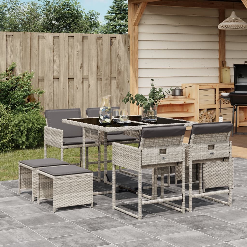 9-tlg. Garten-Essgruppe mit Kissen Hellgrau Poly Rattan