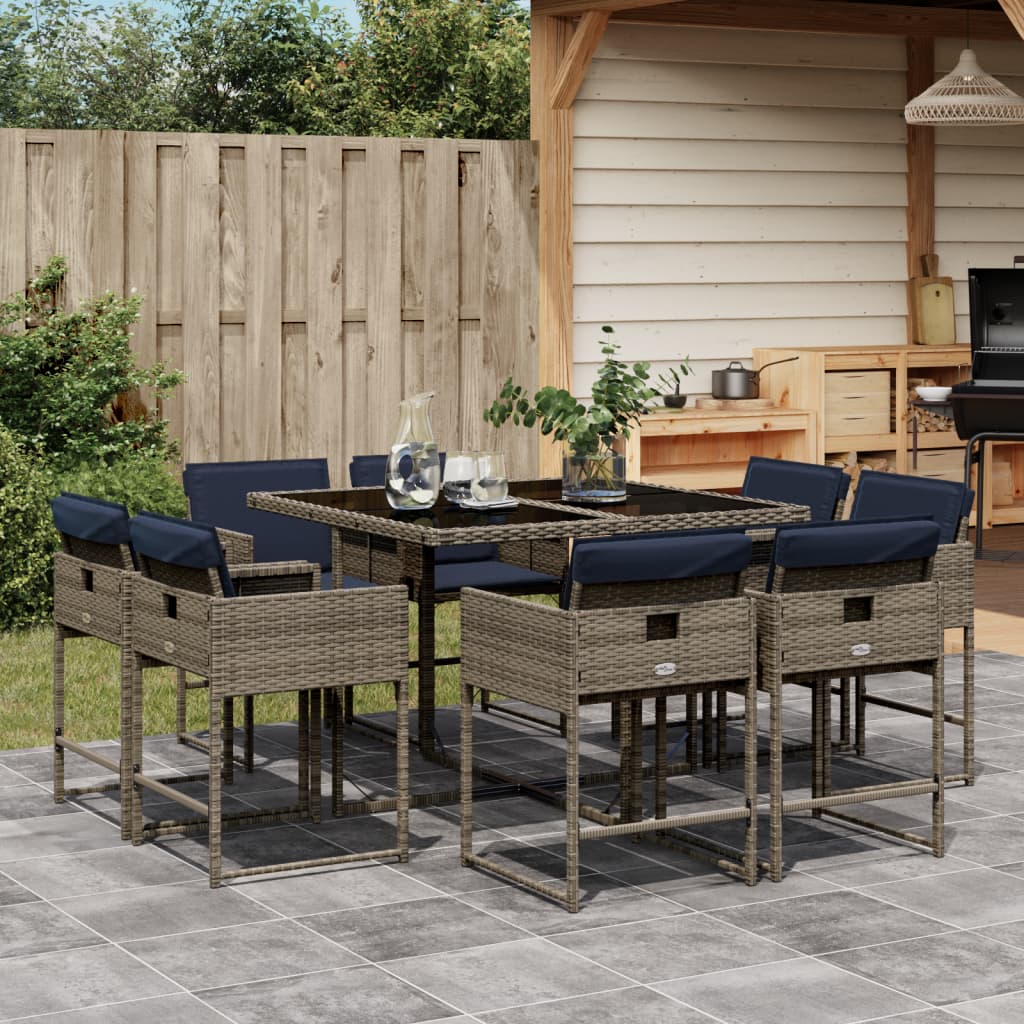 9-teiliges Garten-Ess-Set mit Kissen, grau, Polyrattan