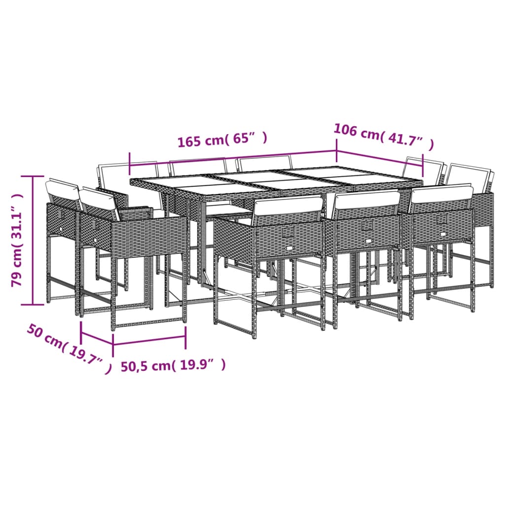 11-teiliges Garten-Ess-Set mit Kissen, grau, Polyrattan
