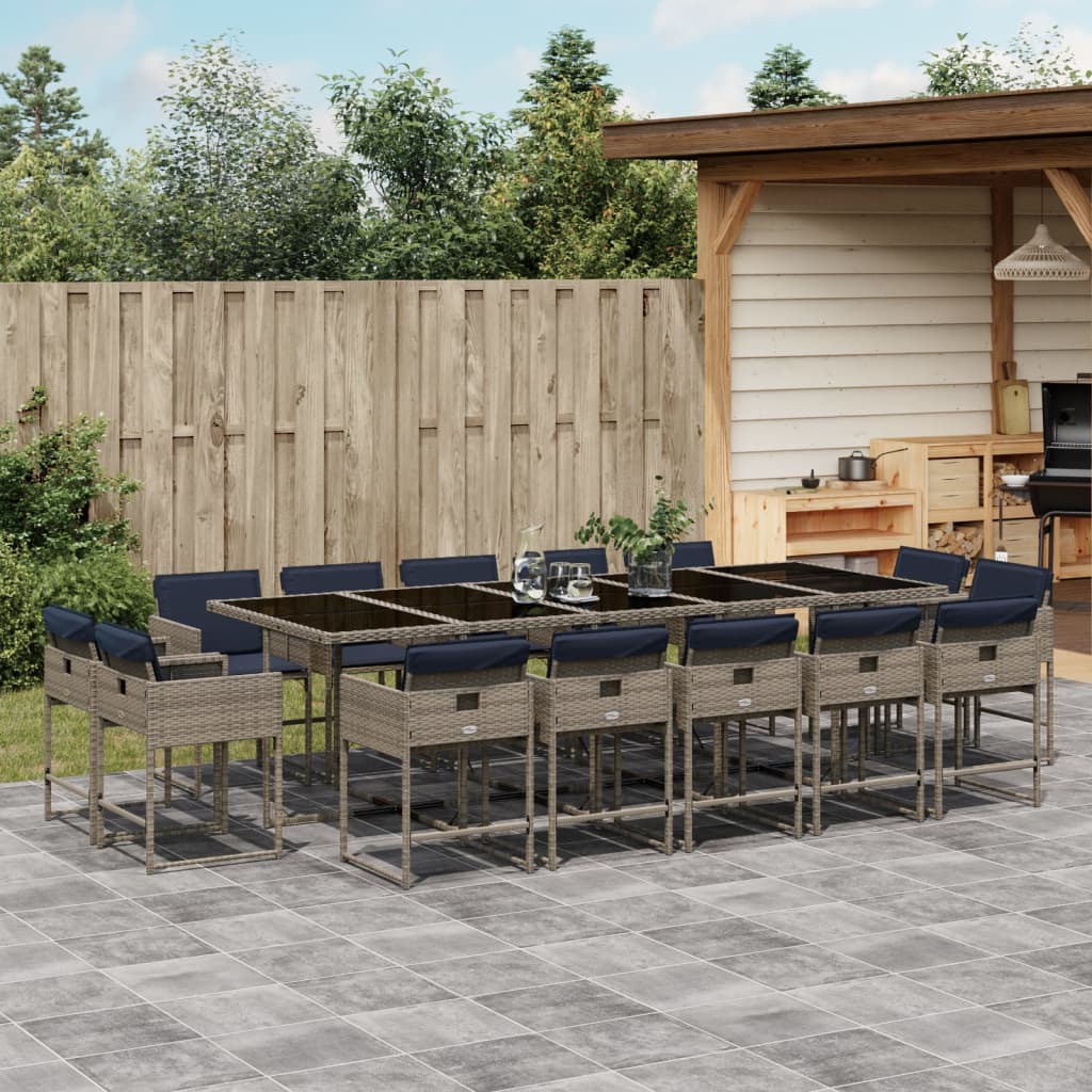 15-teiliges Garten-Ess-Set mit Kissen, grau, Polyrattan