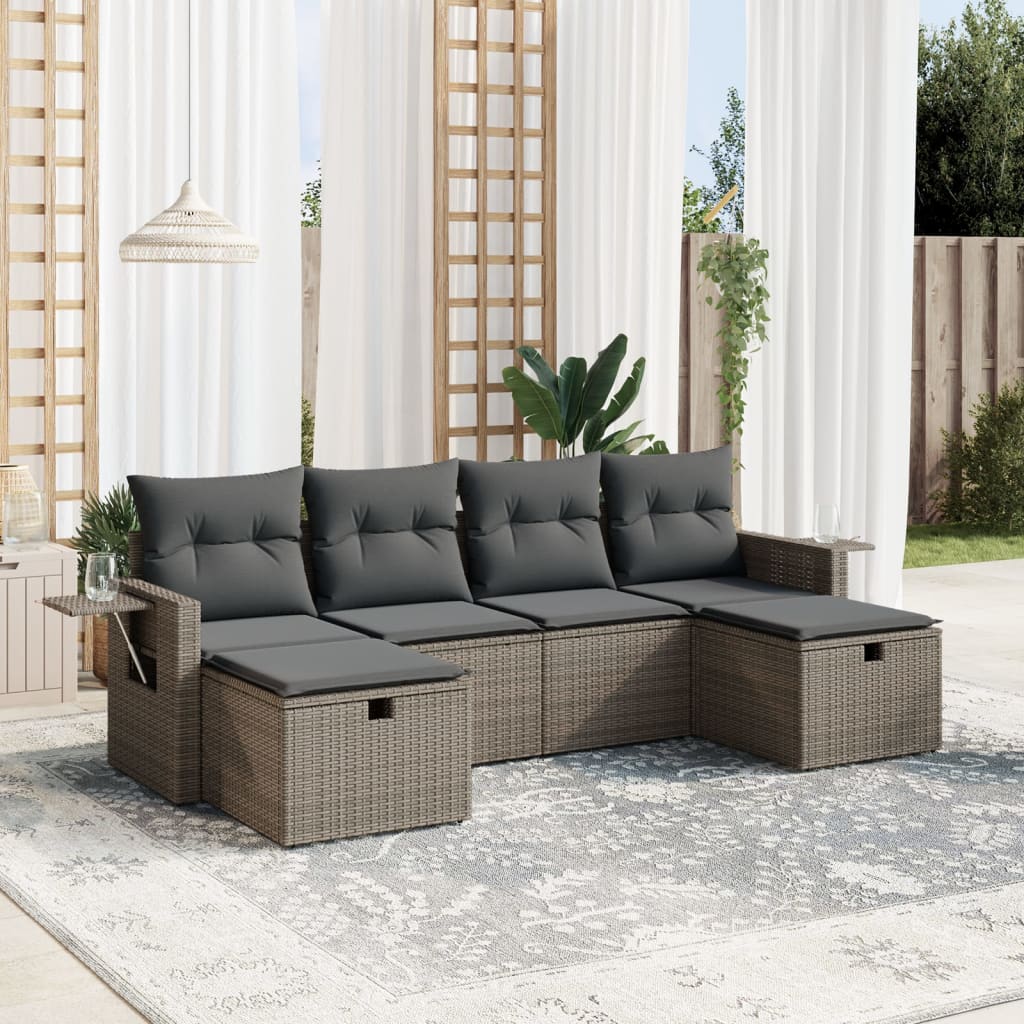 6-tlg. Garten-Sofagarnitur mit Kissen Grau Poly Rattan