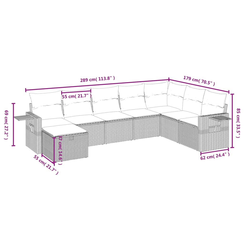 8-tlg. Garten-Sofagarnitur mit Kissen Braun Poly Rattan