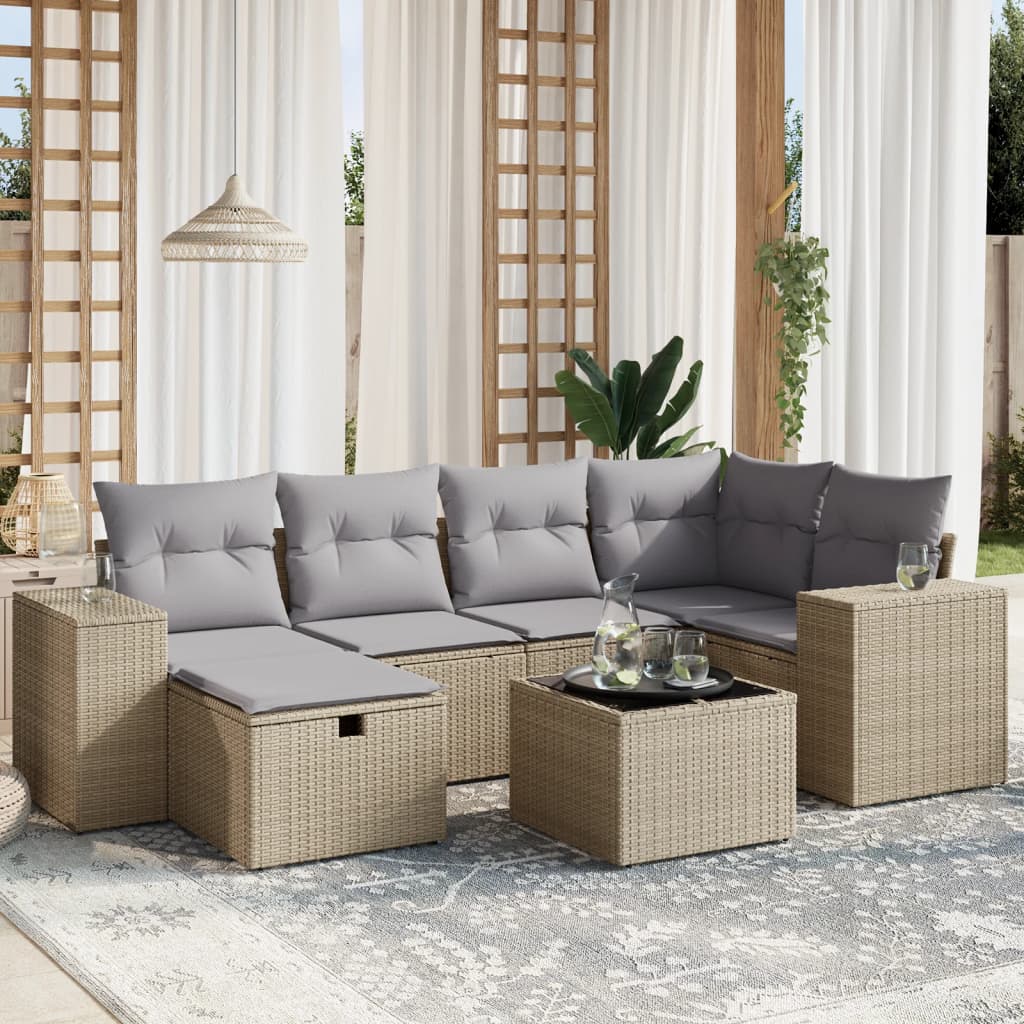 7-tlg. Garten-Sofagarnitur mit Kissen Beige Poly Rattan