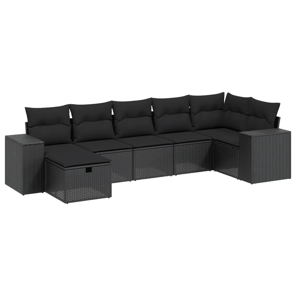 7-tlg. Garten-Sofagarnitur mit Kissen Schwarz Poly Rattan