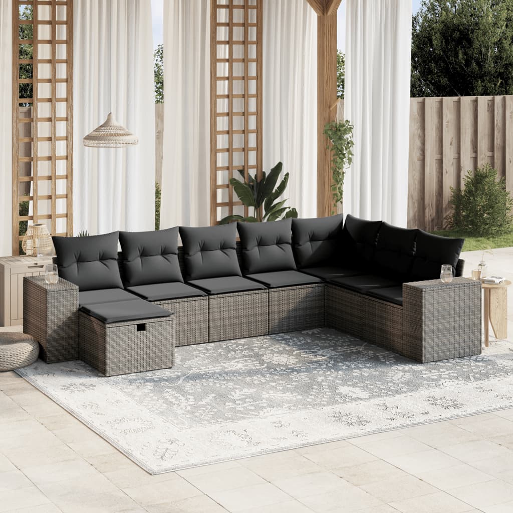 8-tlg. Garten-Sofagarnitur mit Kissen Grau Poly Rattan
