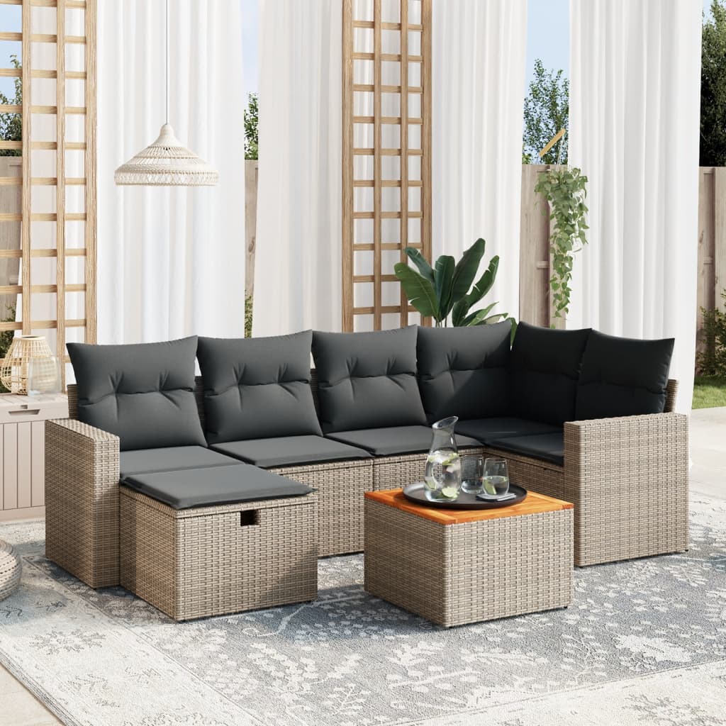 7-tlg. Garten-Sofagarnitur mit Kissen Grau Poly Rattan