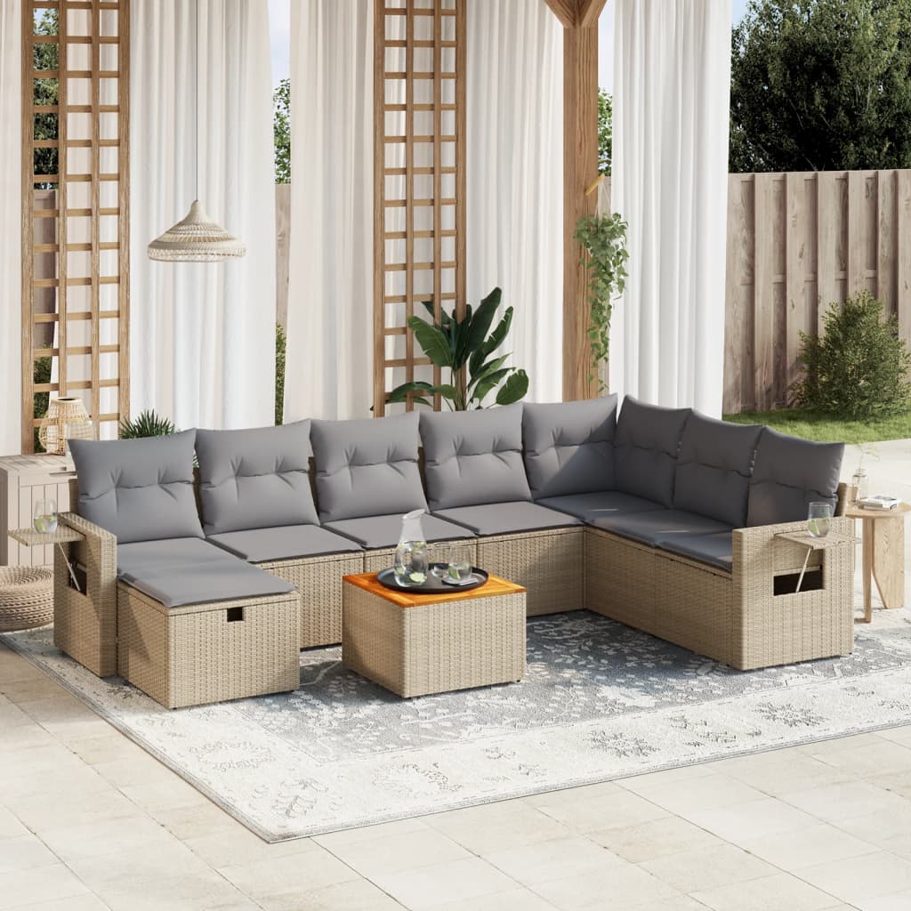 9-tlg. Garten-Sofagarnitur mit Kissen Beige Poly Rattan