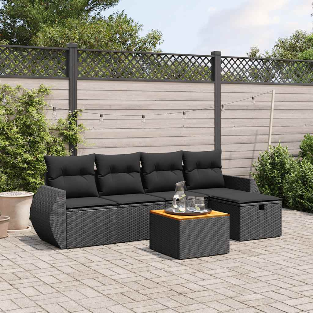 6-tlg. Garten-Sofagarnitur mit Kissen Schwarz Poly Rattan