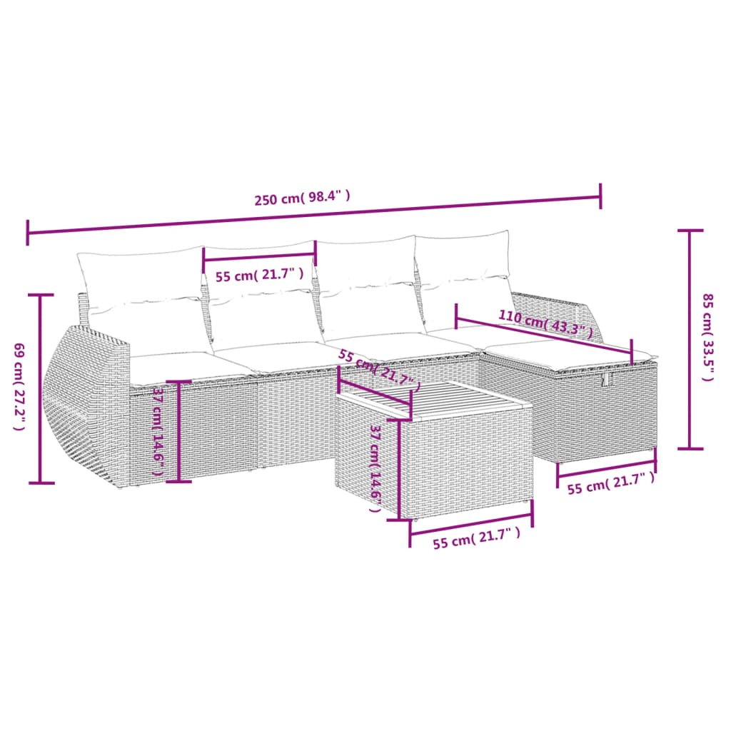 6-tlg. Garten-Sofagarnitur mit Kissen Grau Poly Rattan