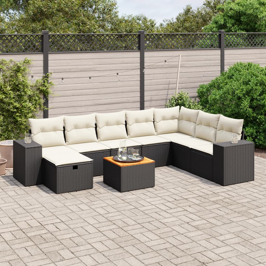 9-tlg. Garten-Sofagarnitur mit Kissen Schwarz Poly Rattan