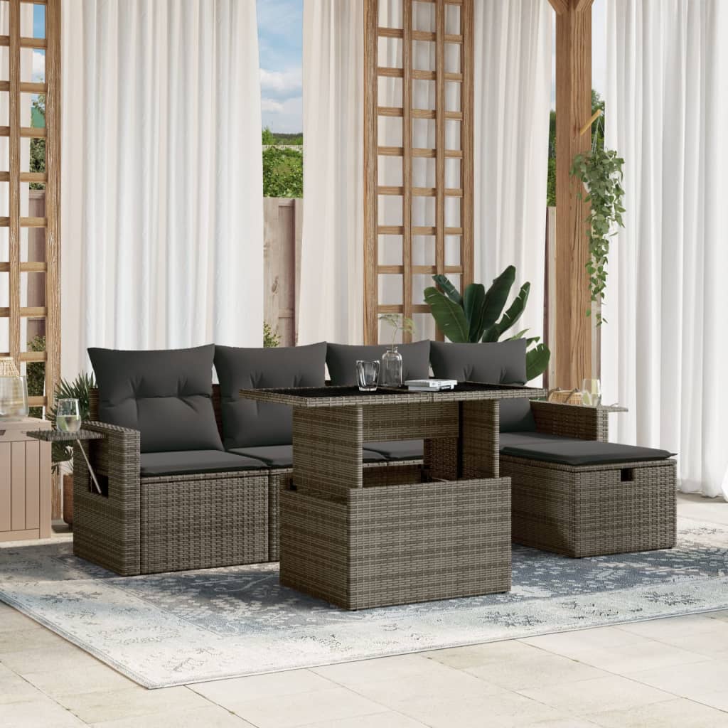 6-tlg. Garten-Sofagarnitur mit Kissen Grau Poly Rattan