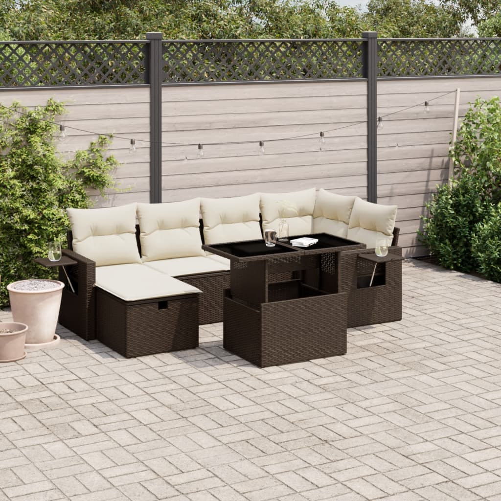 7-tlg. Garten-Sofagarnitur mit Kissen Braun Poly Rattan