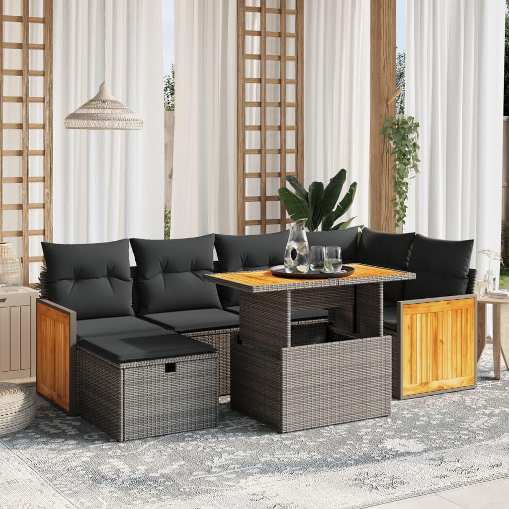 7-tlg. Garten-Sofagarnitur mit Kissen Grau Poly Rattan
