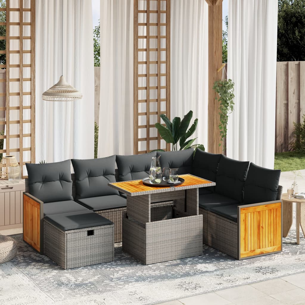 8-tlg. Garten-Sofagarnitur mit Kissen Grau Poly Rattan