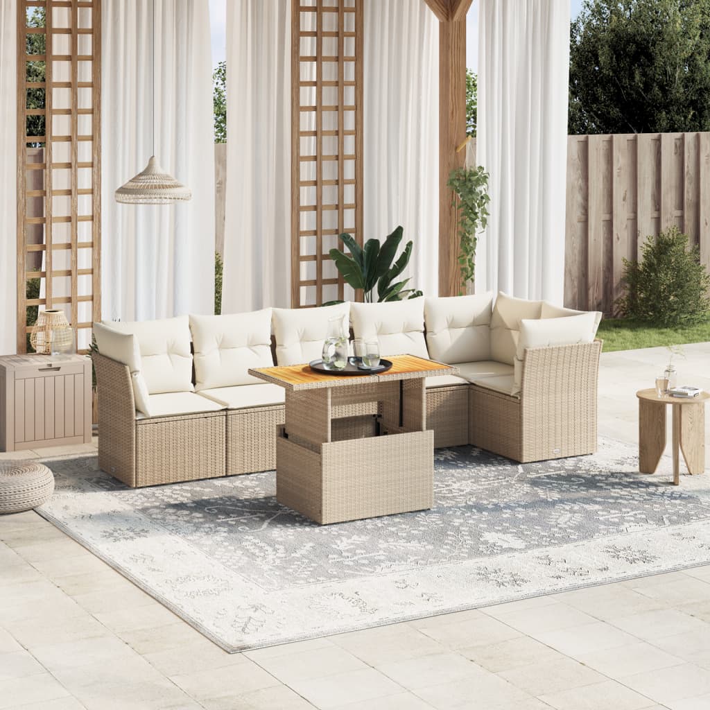 7-tlg. Garten-Sofagarnitur mit Kissen Beige Poly Rattan