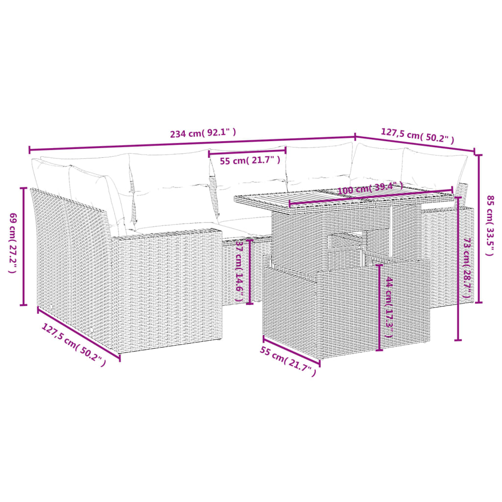 7-tlg. Garten-Sofagarnitur mit Kissen Grau Poly Rattan