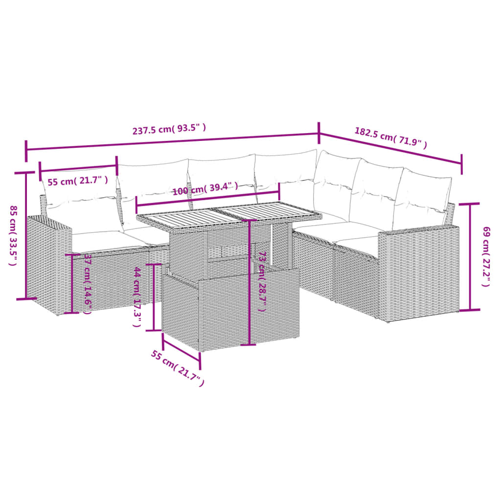 7-tlg. Garten-Sofagarnitur mit Kissen Grau Poly Rattan