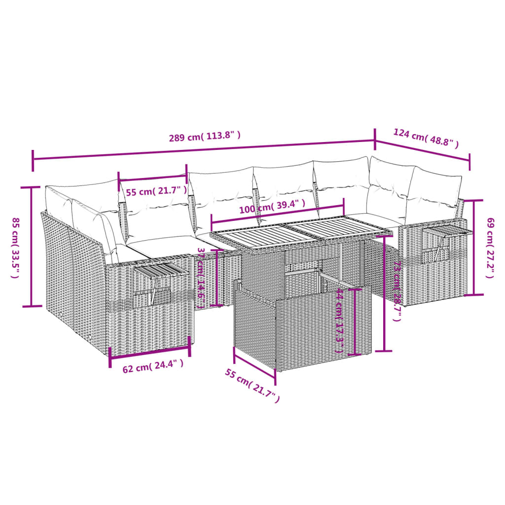 8-tlg. Garten-Sofagarnitur mit Kissen Schwarz Poly Rattan