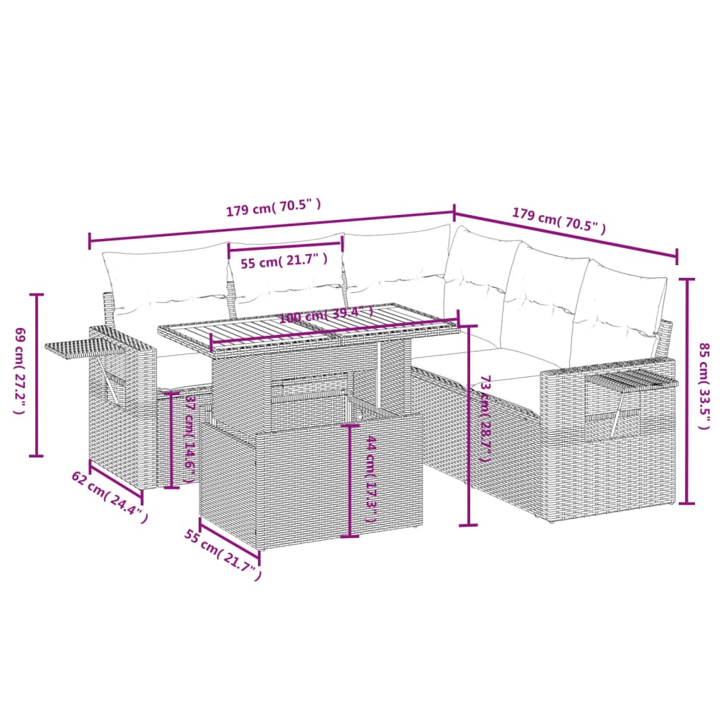 6-tlg. Garten-Sofagarnitur mit Kissen Schwarz Poly Rattan