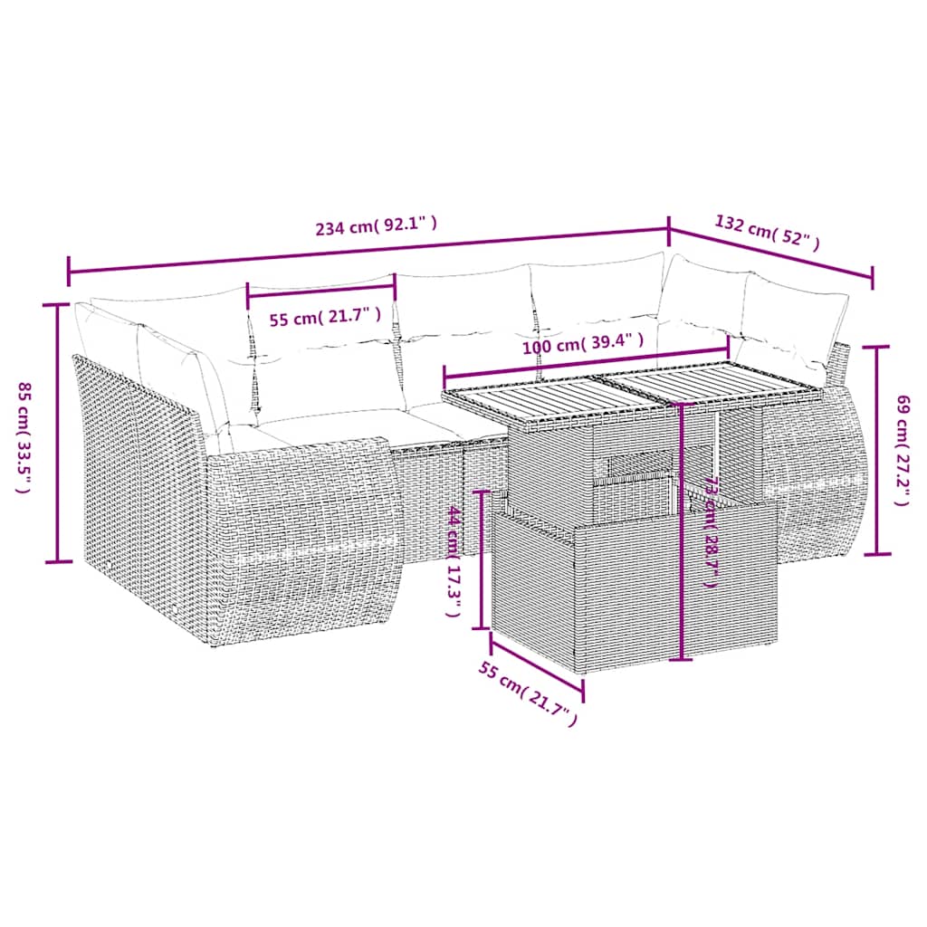 7-tlg. Garten-Sofagarnitur mit Kissen Schwarz Poly Rattan