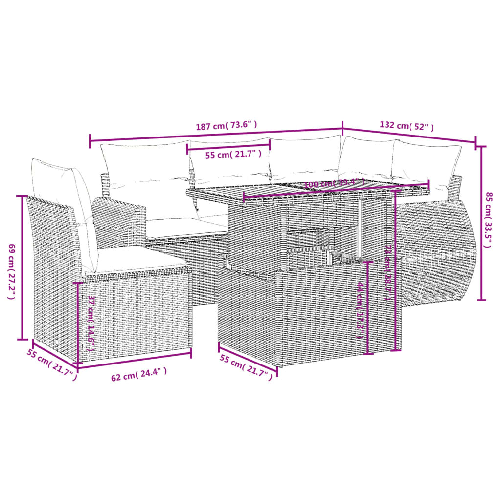 6-tlg. Garten-Sofagarnitur mit Kissen Grau Poly Rattan