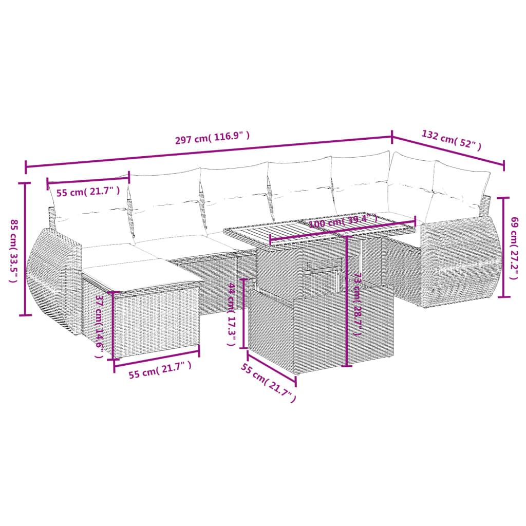 8-tlg. Garten-Sofagarnitur mit Kissen Grau Poly Rattan