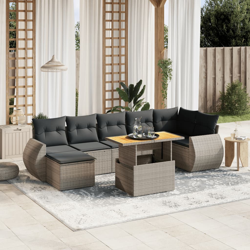 8-tlg. Garten-Sofagarnitur mit Kissen Grau Poly Rattan