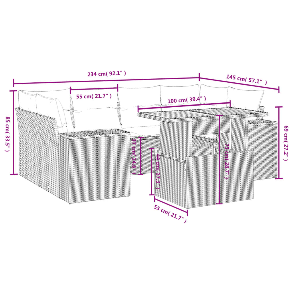 7-tlg. Garten-Sofagarnitur mit Kissen Grau Poly Rattan