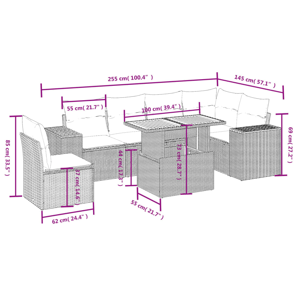 7-tlg. Garten-Sofagarnitur mit Kissen Schwarz Poly Rattan