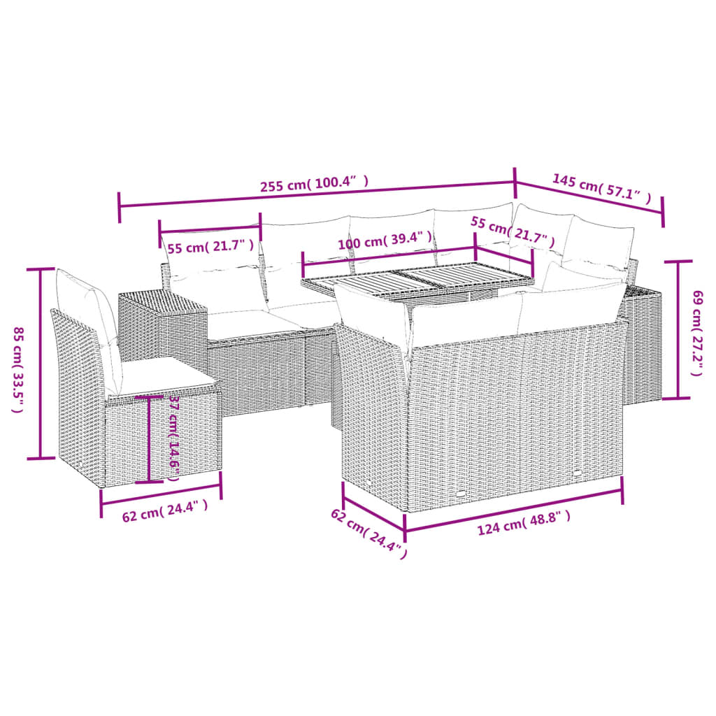9-tlg. Garten-Sofagarnitur mit Kissen Schwarz Poly Rattan
