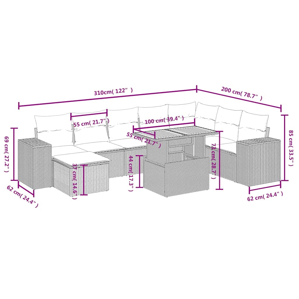 9-tlg. Garten-Sofagarnitur mit Kissen Schwarz Poly Rattan