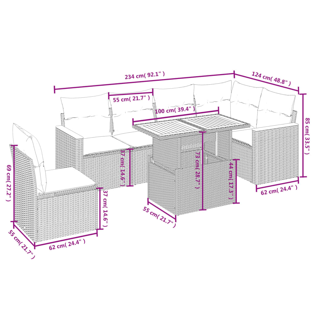 7-tlg. Garten-Sofagarnitur mit Kissen Grau Poly Rattan