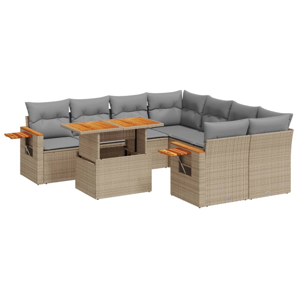 9-tlg. Garten-Sofagarnitur mit Kissen Beige Poly Rattan