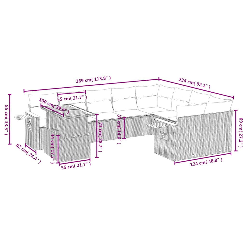 10-tlg. Garten-Sofagarnitur mit Kissen Schwarz Poly Rattan