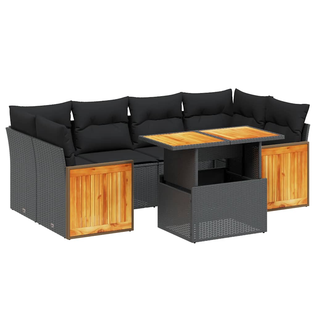7-tlg. Garten-Sofagarnitur mit Kissen Schwarz Poly Rattan
