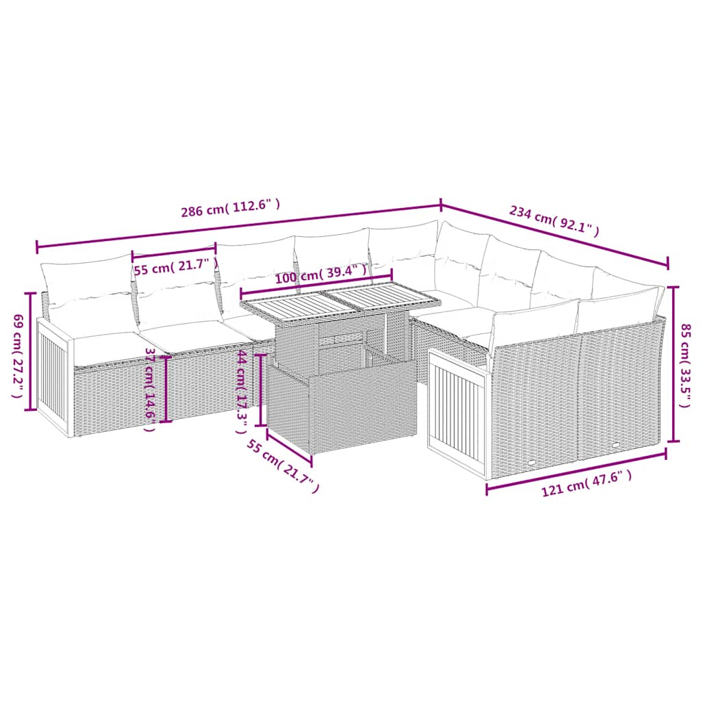 10-tlg. Garten-Sofagarnitur mit Kissen Schwarz Poly Rattan